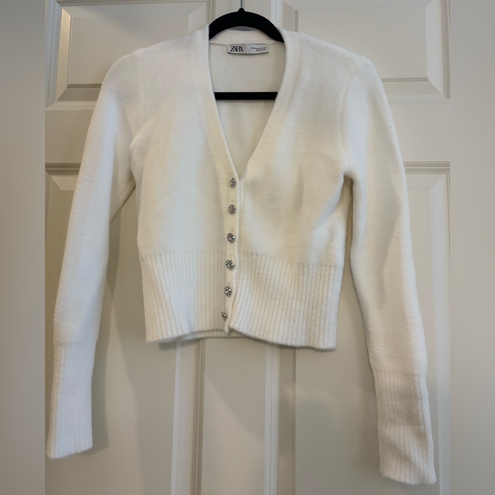 Zara Women's White Button-Up Sweater